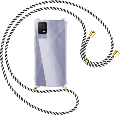 Produktbild von Handykette Backcover-Schutzhülle mit Band (Metall goldfarben) für TCL 405 (T506D, 6.6'') - schwarz/weiß gestreift