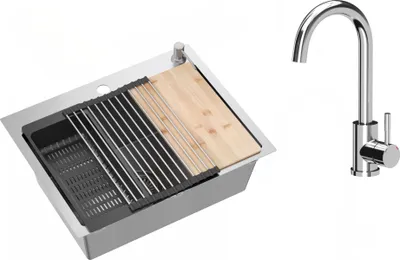 Obrázek produktu pro VBChome Nerezový dřez s baterií 58 x 45 cm Sada příslušenství z kartáčované nerezové oceli Dávkovač Krájecí deska Rolovací podložka Skládací odkapávací stojan Sifon