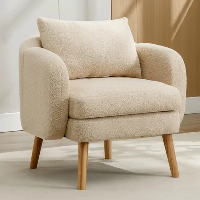 Image de MODFU Fauteuil en Teddy Beige - Fauteuil Confortable avec Accoudoirs et Coussin Épais, Design Moderne pour Salon
