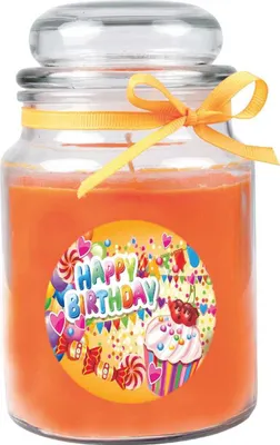 Zdjęcie produktu dla Świeczka zapachowa w słoiku "Happy Birthday", zapach: melon spadziowy (pomarańcza), 500g - pali się do 110 godzin