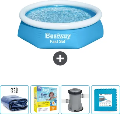 Produktbild von Bestway runder aufblasbarer Fast-Set-Pool – 244 x 61 cm – Blau – im Lieferumfang enthalten Sonnensegel - Wartungspaket - Pumpe - Bodenfliesen