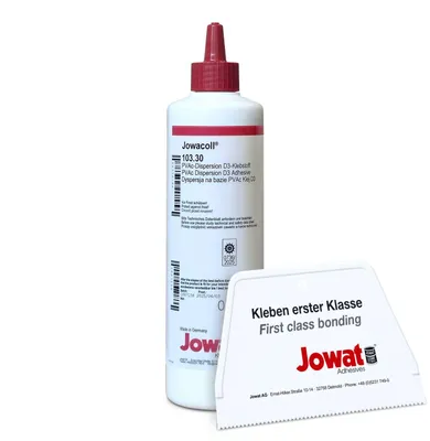 Produktbild von Jowat Jowacoll 103.30 0,5 kg Holzleim-Set inkl. Leimspachtel – Dispersionsleim für Holz, Kanten, Furniere & Möbelbau – hohe Festigkeit
