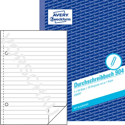 Produktbild von Avery Zweckform 904, Durchschreibbuch, A5, liniert, mit Blaupapier, 2x50 Blatt