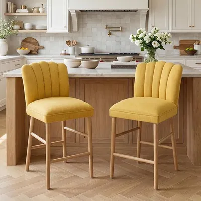 Produktbild von Retro Barhocker 2er Set, Barstuhl Holz mit Lehne & Fußstütze, Gelb | Gepolsterter Küchenhocker aus Leinen, Muschelförmige Bar Stools, Tresenhocker Theke, Küche & Bistro