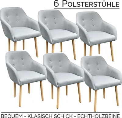 6 Stühle mit umlaufender Armlehne, Holzbeine und hellgrauem Stoff auf Rückenlehne, Sitzpolster und Armlehne