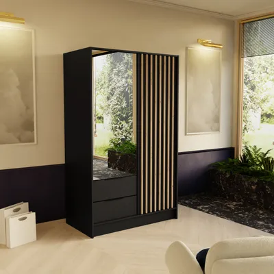 Produktbild von Drehtürenschrank NORI 100cm - Moderner Kleiderschrank mit Lamellen, Schubladen & Spiegel, Schwarz