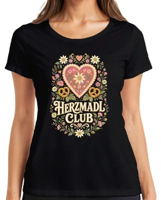 Immagine prodotto di Herzmadl Club, , Edelweiss, Bretzel, Cuore, Lederhose (pantaloni tradizionali bavaresi), Dirndl (abito tradizionale bavarese), T-shirt da donna, nero, taglia M