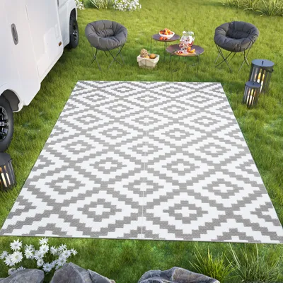 Produktbild von Teppich Outdoor Zweiseitig Wasserdicht Resistent Weiß Grau Picknick Strand Garten ÖKO-TEX 120 x 180 cm