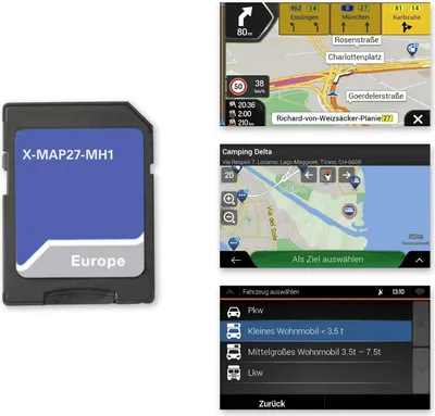 A collage of a microSD card and screenshots of a navigation device displaying maps and vehicle selection menus.