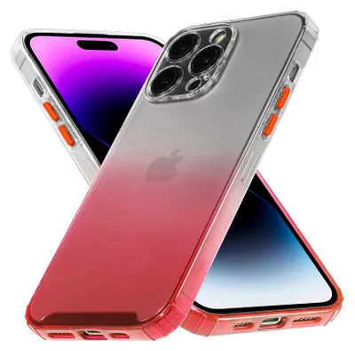 Two iPhone 14 Pro phones in clear cases with a red-to-pink gradient.