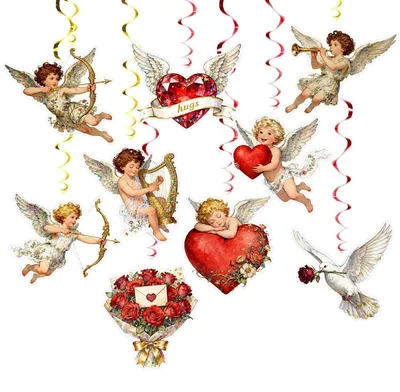 Immagine prodotto di Ghirlande decorative per feste, confezione da 48 pezzi, con motivi romantici di angeli, cuori e rose, ideali per San Valentino, matrimoni e anniversari