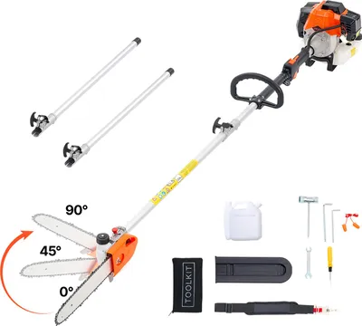 A collection of tools and accessories for a gasoline-powered pole saw, including the pole saw itself, extension poles, a fuel container, and various tools.