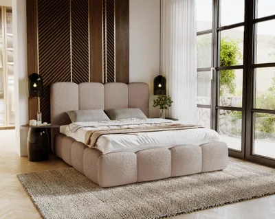 Obrázok produktu pre Čalúnená posteľ 180x200 cm Merkad Bouclé - Dvojposteľ, posteľ do spálne - Látkové rošty a úložný priestor - Bouclé tmavobežová