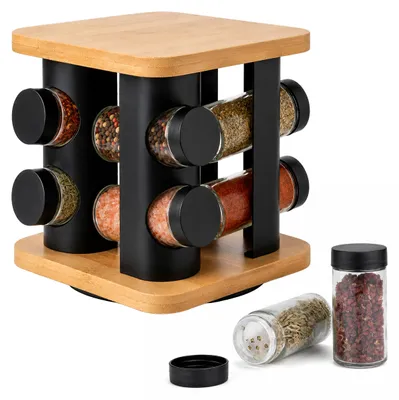 Obrázok produktu pre Relaxdays, otočný stojan na korenie, 8 nádob, 360° otočný, rozmery: 16,5 x 18,5 x 18,5 cm, materiál: bambus, nerezová oceľ, farba: prírodná/čierna