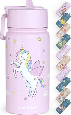 Produktbild von Trinkflasche Kinder Edelstahl mit Strohhalm, Thermosflasche 400ml - BPA frei, auslaufsicher, Kleinkinder, Mädchen & Jungen Wasserflasche-Einhorn lila