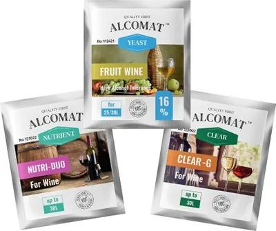 Produktbild von SET Alcomat Weinhefe Fruit Yeast HAT 16% + Nährstof + Klärmittel | Gärhefe Brennhefe Weinhefe | für Wine | Nutri Duo | Clear-G |Hohe Alkoholtoleranz