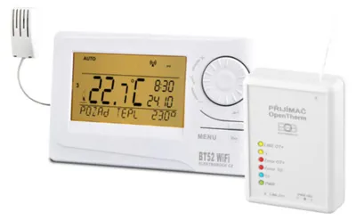 A white wireless thermostat and a white receiver unit are shown on a white background.