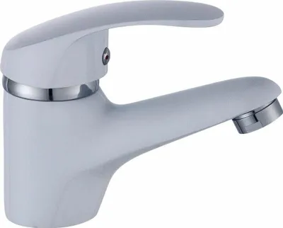 A white and chrome faucet on a white background.