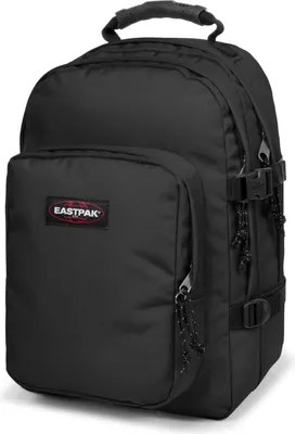 A black Eastpak backpack is shown from a diagonal front view against a white background.