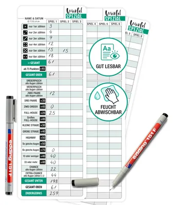 Produktbild von Würfelspiel abwischbar 3 Blätter + 2 Stifte - wiederverwendbar, große Schrift, für Senioren