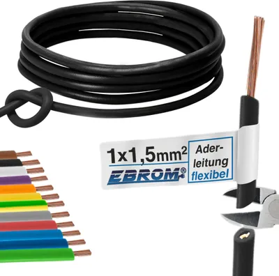 Produktbild von Aderleitung Verdrahtungsleitung - Einzelader flexibel 1,5 mm2 - PVC Leitung - H07V-K 1,5 mm² - Farbe: schwarz - viele Längen in 5 Meter-Schritten lieferbar, Ihre Länge: nach Auswahl