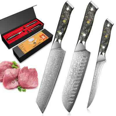 Productafbeelding van Keukenmes set, 3-delig, Damaststaal, VG-10 messen, bladlengte 14,5-18 cm