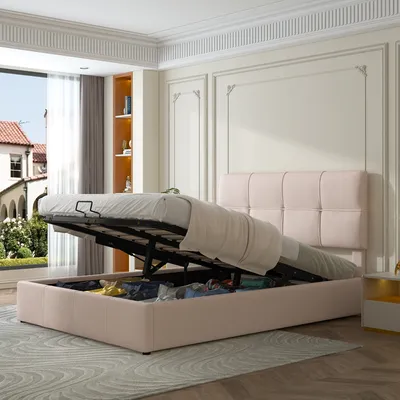 Produktbild von Polsterbett, 140x200 cm, Doppelbett mit Lattenrost und Bettkasten, gepolsterter Kopfteil höhenverstellbar, Bezug aus Leinen