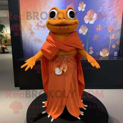 Produktbild von Orangefarbener REDBROKOLY Frosch Maskottchen Kostüm charakter bekleidet mit einem Wickelkleid und Schalnadeln