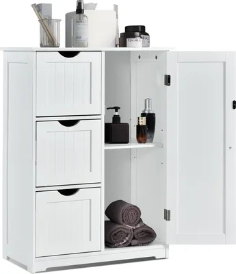 Produktbild von KOMFOTTEU Badschrank mit verstellbare Ablage, Badezimmerschrank Holz 60x30x81cm, Aufbewahrungsschrank mit 3 Schubladen & 1 Tür, Beistellschrank für Wohnzimmer, Küche, Flur (Weiß)