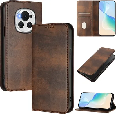 Produktbild von Handyhülle für Honor Magic6, Vintage Leder RFID Schutz Kartenfach Standfunktion Magnetische Klapphülle Braun