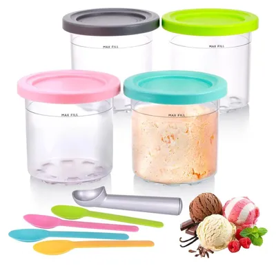 Produktbild von 4 Stück Behälter für Ninja Creami Pints, 450 ml Eisbehälter für NC300EU NC301EU NC299AMZ -Serie, Eiscreme Behälte mit Deckel für Ninja Eismaschine mit Aluminiumlöffel, für Eisherstellung, Küche, Haushalt