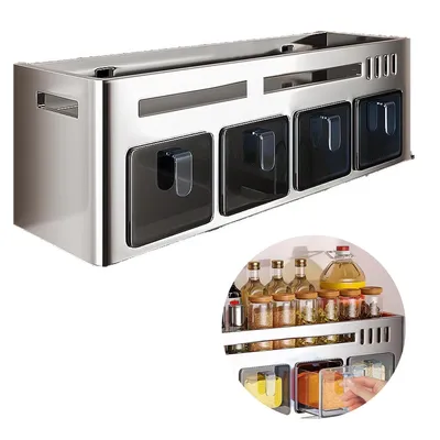 Produktbild von Küchen-Gewürzregal, Aufbewahrungsregal mit Löffel, Schrank- oder Wandmontage ohne Bohren, dekorativ, multifunktional, 4 Fächer, Single-Layer