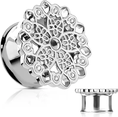Produktbild von Flesh Tunnel Plug Edelstahl Blume Blüte Mandala Zirkonia Kristalle Ohr Piercing Ohrstecker Double Flared silber 12 mm