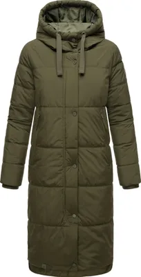 Produktbild von Marikoo Damen Winter Steppjacke Stepp Jacke lang warm Mantel gesteppt Parker Kapuze mit innenliegenden Kordelzug Soranaa Dunkel Olive Gr: 42 - XL