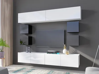 Produktbild von Wohnwand CALABRINI-16 Wohnzimmer-Set Hängewohnwand Schrankwand Schrank TV-Schrank Moderne Anbauwand Hochglanz (Weiß / Schwarz)