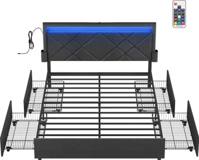 Obrázek produktu pro Rám postele VASAGLE, rám postele, 140 x 200 cm, LED, kovová postel, 4 zásuvky, nabíjecí stanice, nastavitelné čalouněné čelo, břidlicově šedá barva