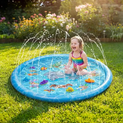Produktbild von Wassersprinkler für Kinder – 170 cm – Planschbecken – Wasserspielmatte – Gartenschlauchanschluss – Aufblasbare Wasserspielmatte – Gartenbrunnen – Blau [56396], KI-generiertes Bild