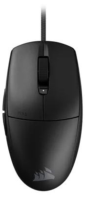 A top-down view of a black gaming mouse on a white background.
