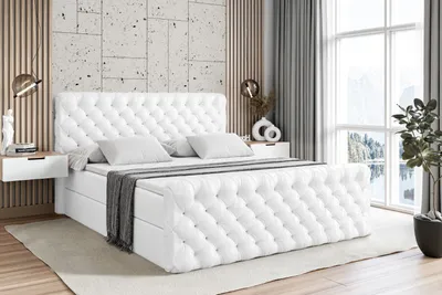 Produktbild von ALTDECOR Boxspringbett mit Fußteil, H3 Matratze und Topper - 160x200 cm - BOXI8-Z - Weiß Kunstleder - Polsterbett mit Bettkasten und Lattenrost, Bett mit Stauraum