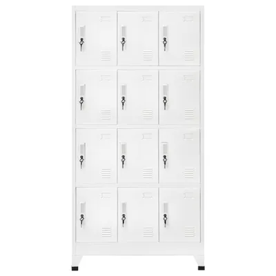 A full-frame, front-facing view of a tall, white, metal locker unit with twelve individual compartments arranged in four rows of three.