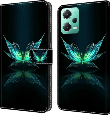 Produktbild von CLM-Tech Hülle kompatibel mit Xiaomi Redmi Note 12 5G - Tasche aus Kunstleder - Klapphülle mit Ständer und Kartenfächern, schwarz türkiser Schmetterling