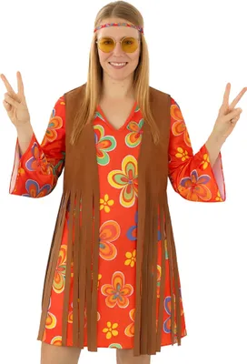 Hippie Kostüm Nancy für Damen Blumenkleid mit Weste von Vorne
