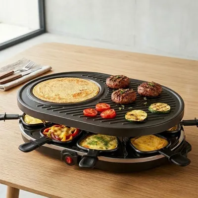 Produktbild von Raclette Grill für 8 Personen mit 8 Pfännchen antihaftbeschichtet – Tischgrill 8 Pfannen für Silvester, Party & Familien-Abende, Schwarz