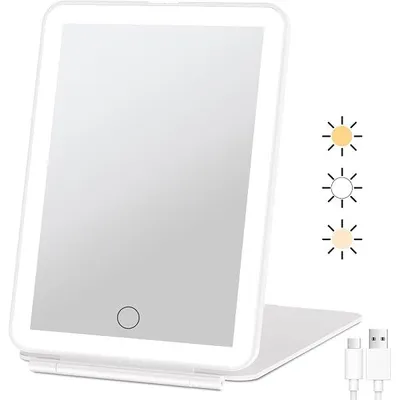 Obrázek produktu pro Osvětlené kosmetické zrcátko, dobíjecí přenosné ultratenké cestovní zrcátko s kapacitou 2000 mAh a světlem, kosmetické zrcátko se 3 barvami světla, skládací kosmetické zrcátko pro domácnost i cestování