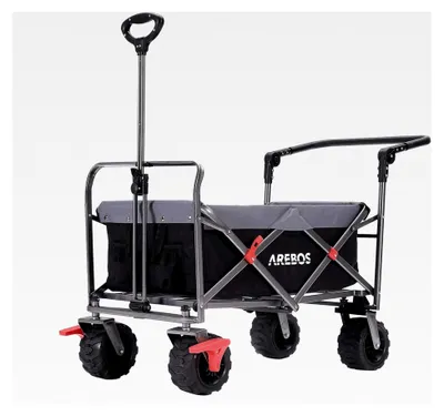 Produktbild von Faltbarer Bollerwagen | Transportwagen | Gerätewagen | Handwagen | Faltwagen | inkl. 2 Netztaschen | mit Vorderradbremse & Teleskopstange | klappbar | bis 100 kg Tragkraft | Grau