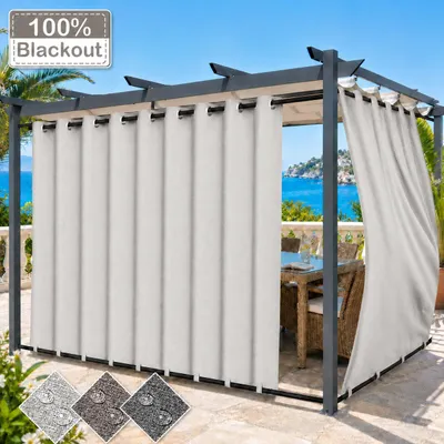 Produktbild von Outdoor Vorhang mit Ösen Grauweiß 254 x 244 cm Winddicht Thermo Gardine Extra Breit 100% Verdunkelung UV Schutz Blickdicht Balkonvorhang für Pavillon Terrasse