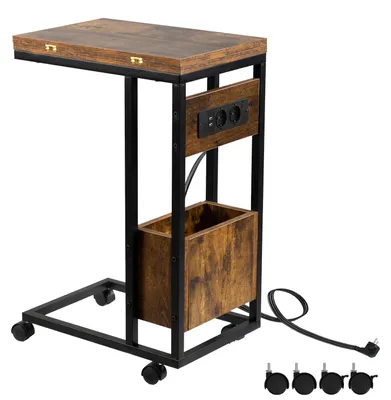 C-Beistelltisch klappbar, mit Rollen & Ladestation, 70 cm, dunkelbraun