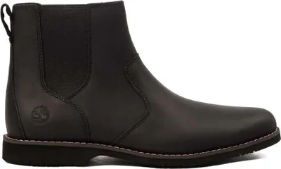 A black Timberland Chelsea boot for men is shown against a white background.