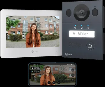 Image de Goliath Basic Line Interphone-portier vidéo 2 fils blanc/anthracite : Boîte d'encastrement : 1 moniteur Nombre de moniteurs : 1 moniteur Sonnette de porte Boîte de montage : Boîte d'encastrement