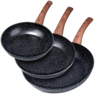Obrázok produktu pre Vilde | Súprava 3 panvíc - Panvica 20/24/28 cm - Indukčná panvica s nepriľnavým povrchom - ČIERNA a DREVENÁ